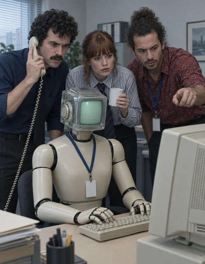 Three office workers crowded around a robot typing at a computer
