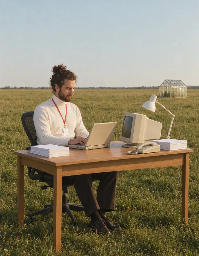 A person working at a desk set up in an open field, a small greenhouse behind them